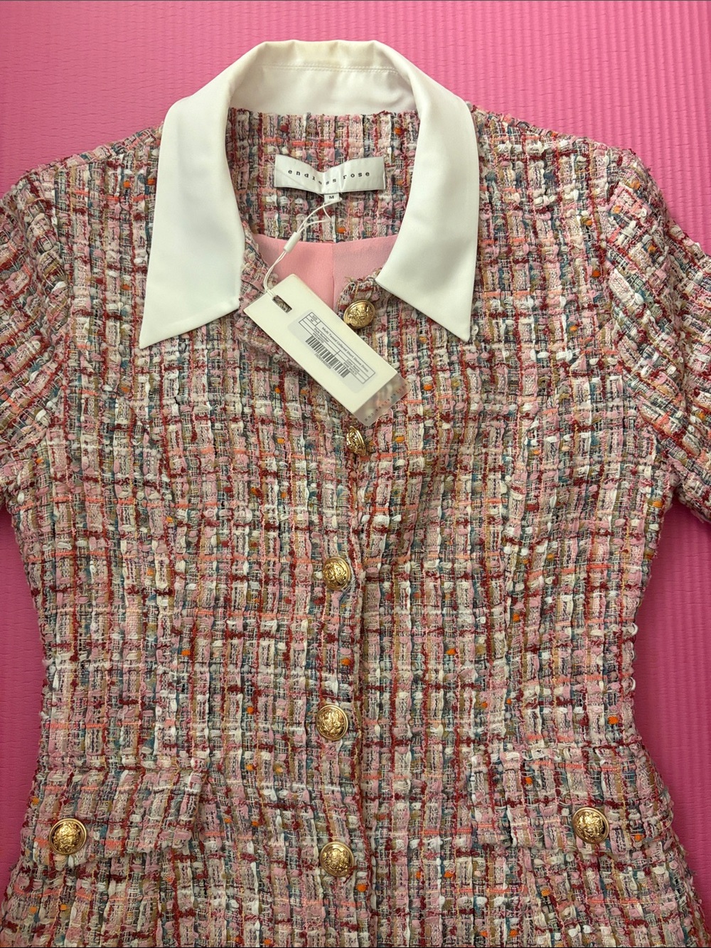 Endless Rose Pink Multi Tweed Dress with White Collar